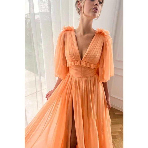 A Line Sexy V Neck Half Sleeves Elegant Long Prom Party Dress with Pockets
