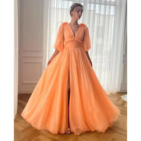 A Line Sexy V Neck Half Sleeves Elegant Long Prom Party Dress with Pockets
