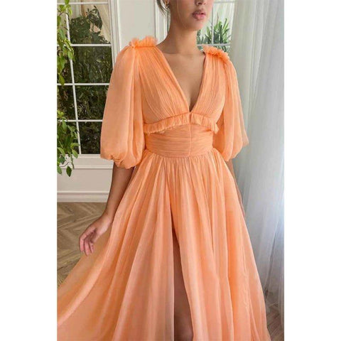 A Line Sexy V Neck Half Sleeves Elegant Long Prom Party Dress with Pockets
