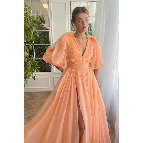 A Line Sexy V Neck Half Sleeves Elegant Long Prom Party Dress with Pockets