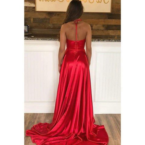Robe de bal longue en satin extensible rouge, coupe trapèze, sexy, col en V, avec fente 