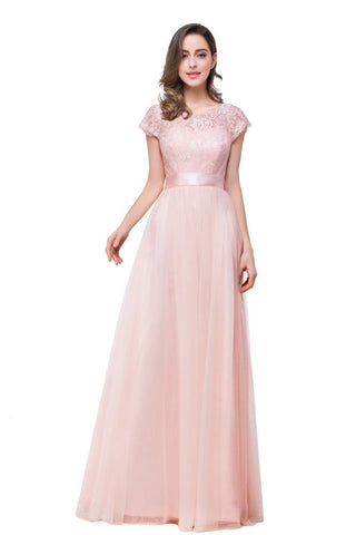 A-line Short Sleeve Chiffon Bridesmaid Dresses with Ribbon Bow Sash