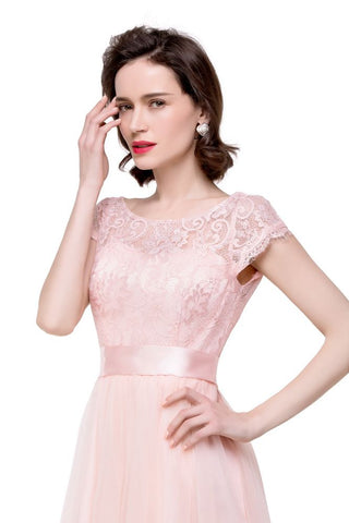 A-line Short Sleeve Chiffon Bridesmaid Dresses with Ribbon Bow Sash
