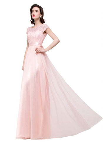 A-line Short Sleeve Chiffon Bridesmaid Dresses with Ribbon Bow Sash