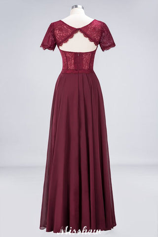 A-Line Short-Sleeves Floor-Length Bridesmaid Dress Chiffon Lace Round-Neck Evening Dress
