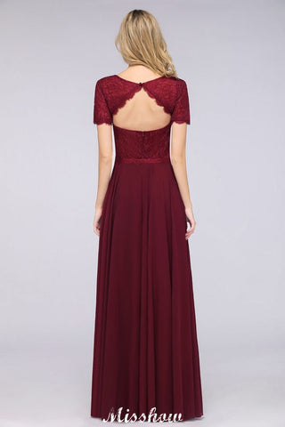 A-Line Short-Sleeves Floor-Length Bridesmaid Dress Chiffon Lace Round-Neck Evening Dress