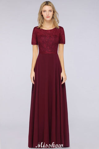 A-Line Short-Sleeves Floor-Length Bridesmaid Dress Chiffon Lace Round-Neck Evening Dress