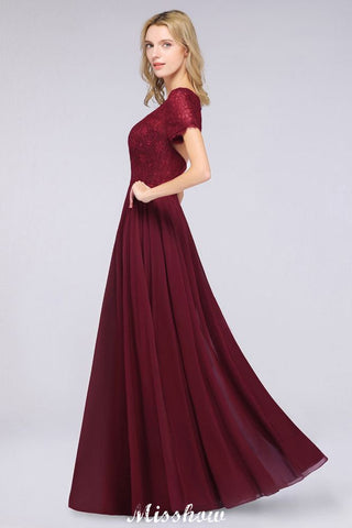 A-Line Short-Sleeves Floor-Length Bridesmaid Dress Chiffon Lace Round-Neck Evening Dress