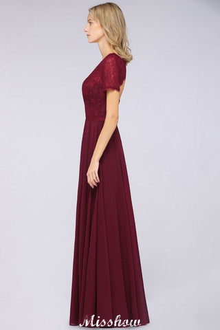 A-Line Short-Sleeves Floor-Length Bridesmaid Dress Chiffon Lace Round-Neck Evening Dress