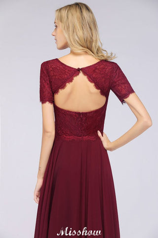 A-Line Short-Sleeves Floor-Length Bridesmaid Dress Chiffon Lace Round-Neck Evening Dress