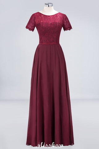 A-Line Short-Sleeves Floor-Length Bridesmaid Dress Chiffon Lace Round-Neck Evening Dress