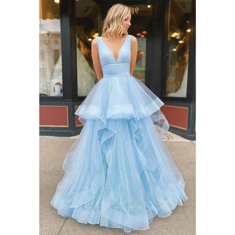Robe de bal trapèze bleu ciel en tulle à col en V et paillettes 