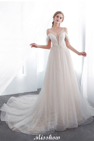 A-line Sleeveless Floor Length Lace Ivory Wedding Dress
