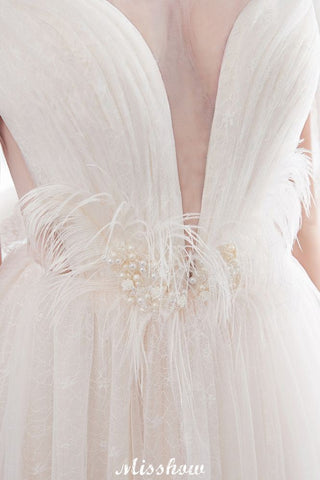 A-line Sleeveless Floor Length Lace Ivory Wedding Dress