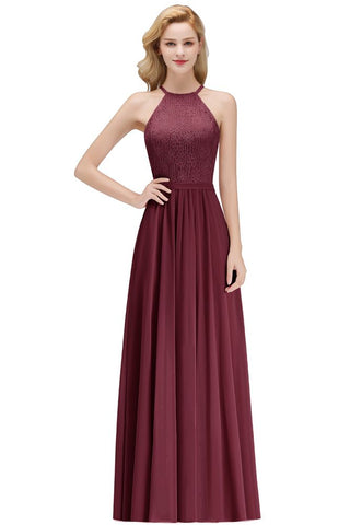 A-line Sleeveless Halter Long Lace Chiffon Bridesmaid Dress
