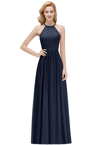 A-line Sleeveless Halter Long Lace Chiffon Bridesmaid Dress