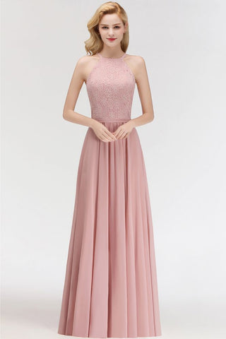 A-line Sleeveless Halter Long Lace Chiffon Bridesmaid Dress