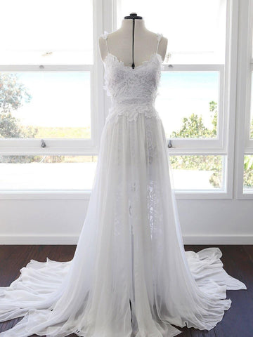 A-line Spaghetti Strap White Lace Chiffon Beach Wedding Bridal Dresses  WD290