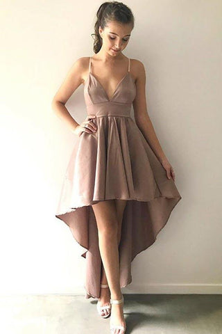 Robe de bal trapèze à fines bretelles et ourlet asymétrique en satin rose poudré PD006
