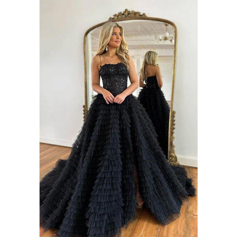 A Line Spaghetti Straps Lace Appliques Tulle Ruffles Black Long Prom Dress Homecoming Court Dress