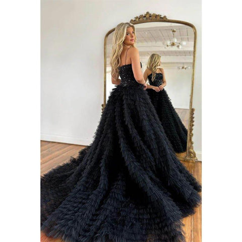A Line Spaghetti Straps Lace Appliques Tulle Ruffles Black Long Prom Dress Homecoming Court Dress