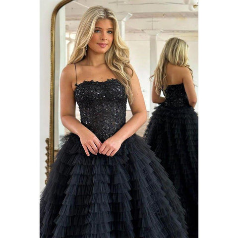 A Line Spaghetti Straps Lace Appliques Tulle Ruffles Black Long Prom Dress Homecoming Court Dress