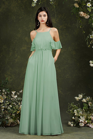 A-Line Spaghetti Straps Off-the-shoulder Ruffles Chiffon Bridesmaid Dress With Pockets