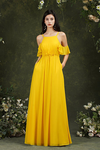 A-Line Spaghetti Straps Off-the-shoulder Ruffles Chiffon Bridesmaid Dress With Pockets