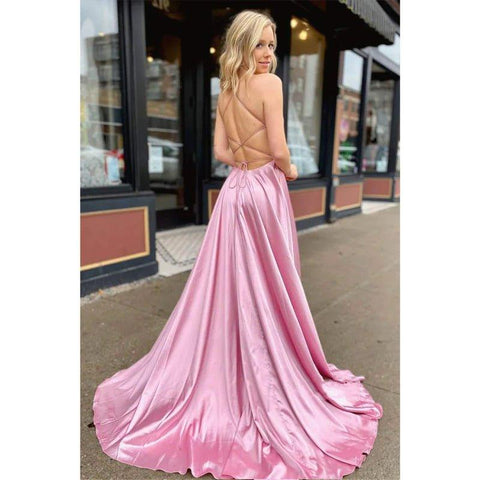 Vestido de fiesta sencillo de corte A con tirantes finos, escote en V y abertura alta 