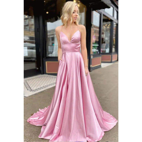 Vestido de fiesta sencillo de corte A con tirantes finos, escote en V y abertura alta 