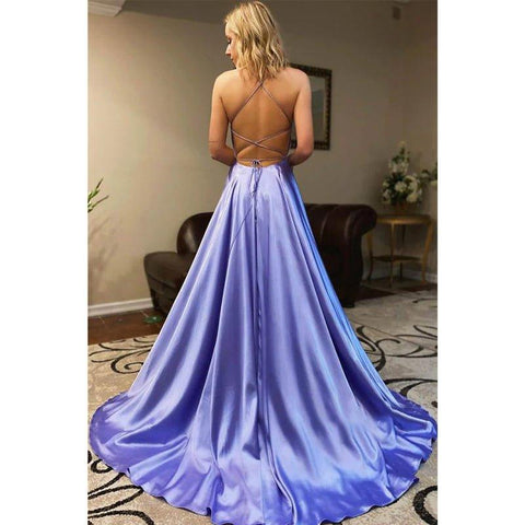 Vestido de fiesta sencillo de corte A con tirantes finos, escote en V y abertura alta 