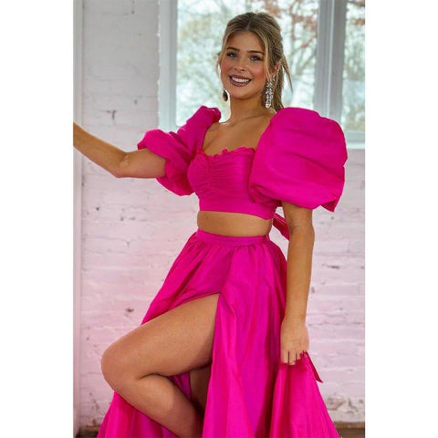 Robe de bal longue rose en deux pièces, coupe trapèze, avec nœud papillon carré et fente