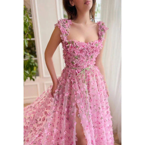 A Line Square Neck Floral 3D Lace Pleated A Line Long Prom Evening Dress