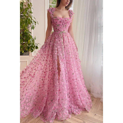 A Line Square Neck Floral 3D Lace Pleated A Line Long Prom Evening Dress