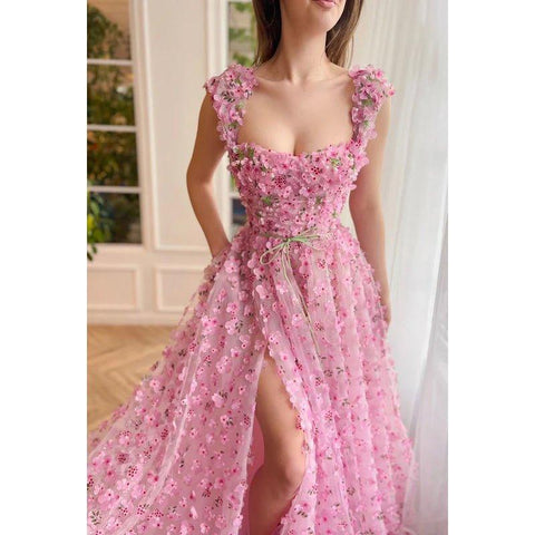 A Line Square Neck Floral 3D Lace Pleated A Line Long Prom Evening Dress