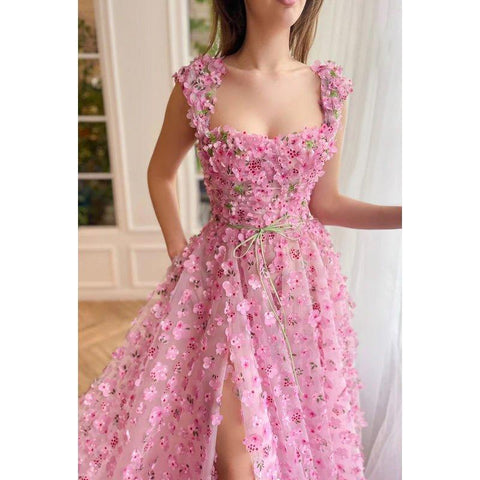A Line Square Neck Floral 3D Lace Pleated A Line Long Prom Evening Dress