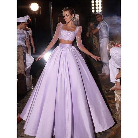 A Line Square Neckline 3/4 Sleeves Two Piece Long Prom Party Dress