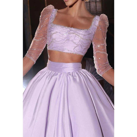 A Line Square Neckline 3/4 Sleeves Two Piece Long Prom Party Dress