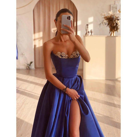 A Line Strapless Satin Beads Long Prom Formal Dress with Slit