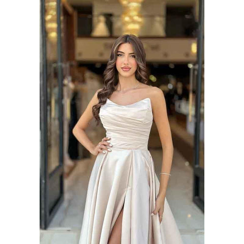 A Line Strapless Satin Pleated Long Prom Evening Dress With Slit