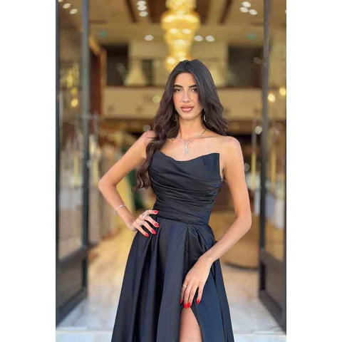 A Line Strapless Satin Pleated Long Prom Evening Dress With Slit