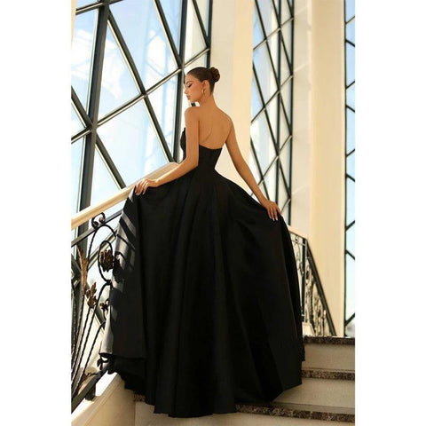 A Line Strapless Satin Pleats Long Prom Formal Dress with Pockets
