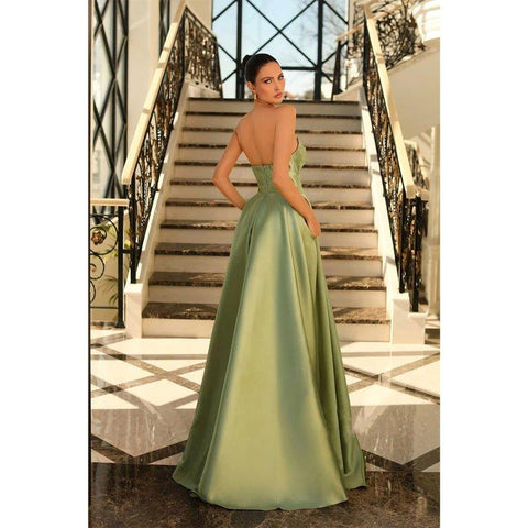 A Line Strapless Satin Pleats Long Prom Formal Dress with Pockets