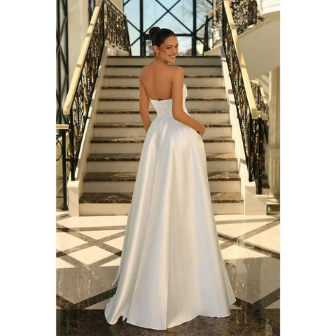 A Line Strapless Satin Pleats Long Prom Formal Dress with Pockets