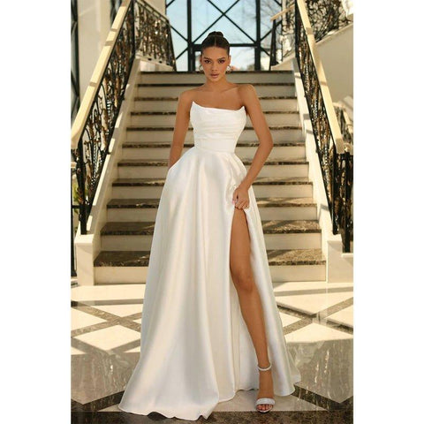 A Line Strapless Satin Pleats Long Prom Formal Dress with Pockets