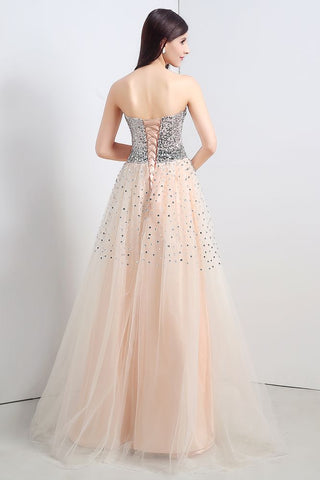Robe de soirée bustier en tulle à sequins, coupe trapèze