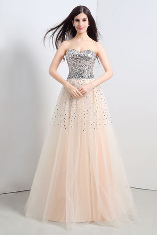 Robe de soirée bustier en tulle à sequins, coupe trapèze