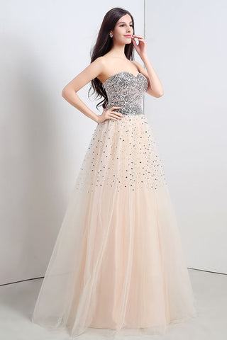 Robe de soirée bustier en tulle à sequins, coupe trapèze