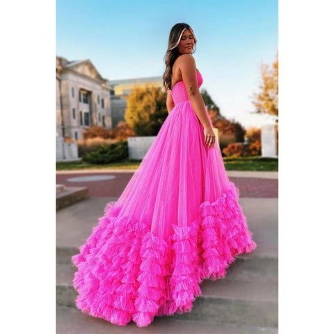 Robe de bal longue en tulle rose, coupe trapèze, sans bretelles, robe de soirée 