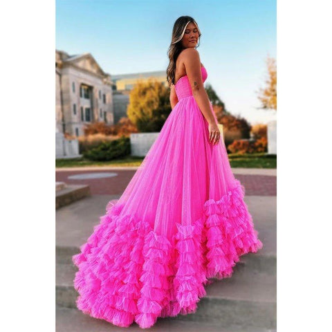 Robe de bal longue en tulle rose, coupe trapèze, sans bretelles, robe de soirée 